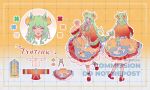  1girl animal_ears animal_hands ao_nhat_binh closed_eyes commission frilled_skirt frills gloves green_hair hair_ornament highres long_hair moizuki open_mouth original patterned_clothing paw_gloves reference_sheet skirt smile viet_lolita vietnamese_clothes wide_sleeves 