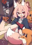 1girl :d animal animal_ear_fluff animal_ears barefoot blush bow comiket_108 commentary_request cover cover_page cup fang fox fox_ears fox_girl hair_between_eyes hair_ribbon highres indoors japanese_clothes kimono long_sleeves on_floor open_clothes original pink_hair ponytail red_bow red_eyes red_ribbon ribbon saisoku_no_yukkuri smile soles solo table tatami v-shaped_eyebrows white_kimono wide_sleeves 
