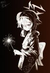  1girl blue_archive bright_pupils commentary_request fireworks floral_print floral_print_kimono flower frilled_kimono frills hair_between_eyes hair_flaps hair_flower hair_ornament hairband halo haruka_(blue_archive) haruka_(new_year)_(blue_archive) highres holding holding_fireworks japanese_clothes kimono limpiderm long_sleeves obi print_kimono sash short_hair_with_long_locks simple_background smile solo sparkler wide_sleeves 