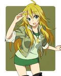  ahoge blonde_hair blush exion_(neon) green_eyes hoshii_miki idolmaster idolmaster_(classic) jacket long_hair miniskirt open_mouth shirt skirt sleeves_rolled_up solo t-shirt thighhighs 