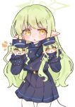  1girl bad_id bad_pixiv_id belt black_belt blue_archive blue_jacket blue_skirt chestnut_mouth cowboy_shot cropped_jacket demon_tail dual_wielding epaulettes facing_viewer gold_buckle green_hair green_halo halo hand_puppet hikari_(blue_archive) holding jacket long_hair long_sidelocks looking_ahead mandarin_collar notice_lines nozomi_(blue_archive) nunu_(pos_9862) pantyhose pointy_ears puppet short_eyebrows sidelocks simple_background skirt solo tail thick_eyebrows train_conductor very_long_hair very_long_sidelocks white_background white_pantyhose 