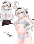  1girl absurdres black_hairband blue_pupils blush breasts caelus_(honkai:_star_rail) commentary firefly_(honkai:_star_rail) gradient_eyes grey_hair hair_ornament hairband highres honkai:_star_rail honkai_(series) long_hair maxwelzy multicolored_eyes multicolored_hair open_mouth shirt simple_background skirt trailblazer_(honkai:_star_rail) two-tone_eyes white_background white_shirt 
