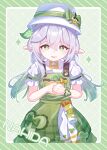  1girl alternate_costume alternate_hairstyle border bow bowtie character_name commentary_request dress flower genshin_impact green_border green_bow green_dress green_eyes green_flower hair_between_eyes hair_ornament hands_up hat highres holding holding_flower kyuri_senbei leaf_hair_ornament long_hair looking_at_viewer lower_teeth_only nahida_(genshin_impact) open_mouth pointy_ears shirt solo star-shaped_pupils star_(symbol) symbol-shaped_pupils teeth twintails white_background white_hair white_hat white_shirt yellow_bow yellow_bowtie 
