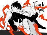  2boys antenna_hair arm_support basil_(faraway)_(omori) basil_(omori) collared_shirt commentary double-parted_bangs english_commentary english_text flying_sweatdrops greyscale hair_between_eyes highres knees_up looking_at_viewer maisani male_focus monochrome multiple_boys omori omori_(omori) shirt short_sleeves shorts sidelocks sitting spot_color striped_clothes striped_shorts sweat sweater_vest tank_top teeth thighhighs tongue twitter_username upper_teeth_only vertical-striped_clothes vertical-striped_shorts yaoi 