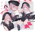  1girl 1other absurdres animal bag beret black_bag black_hat black_shirt black_shoes black_wings blue_archive book border brown_skirt chinese_commentary closed_mouth commentary_request downblouse feathered_wings finger_in_another's_mouth halo hat head_wings heart heart-shaped_pupils highres holding holding_book koharu_(blue_archive) long_hair long_sleeves loose_socks low_wings multiple_views open_book outside_border pink_eyes pink_hair pink_halo pleated_skirt reading sailor_collar sailor_shirt shirt shoes skirt sleeves_past_wrists smile snail socks symbol-shaped_pupils twintails white_border white_sailor_collar white_socks wings yukuso_(dabiandang) zipper zipper_pull_tab 