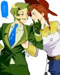  2girls animification black_eyes blue_necktie braid commentary cowboy_hat freckles gloves green_eyes green_gloves green_suit hair_ornament hand_on_another's_chin hat jessie_the_yodeling_cowgirl kugai697139 lilypad_(toy_story) multiple_girls necktie open_mouth orange_hair personification smile speech_bubble suit toy_story toy_story_5 translation_request white_background 