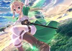  :d arm_up blonde_hair boots braid cloud elf fairy_wings floating_island flying forest green_eyes knee_boots leafa long_hair looking_at_viewer nature open_mouth pointy_ears ponytail puffy_sleeves sheath sheathed sky smile solo sword sword_art_online thighhighs twin_braids uehara_yukihiko weapon white_legwear wings 