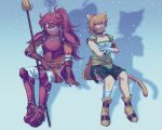  2girls animal_ears armor belt breastplate breasts cat_ears cat_girl cat_tail choker cleavage closed_mouth collar crossed_arms eye_contact facepaint facial_mark fire_emblem fire_emblem:_path_of_radiance fire_emblem:_radiant_dawn frown gloves green_choker green_collar green_shorts hand_guard highres invisible_chair jill_(fire_emblem) laguz_(fire_emblem) lethe_(fire_emblem) looking_at_another multiple_girls o-ring o-ring_belt orange_hair orange_tail pauldrons pink_armor polearm ponytail purple_eyes red_armor red_eyes red_hair shadow shorts shoulder_armor side_slit side_slit_shorts sitting small_breasts snow snowing tail tunic vincent-san weapon whisker_markings wrist_wrap yellow_tunic 