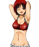  armpits arms_behind_head arms_up bandaid breasts cleavage dead_or_alive dead_or_alive_5 groin large_breasts midriff mila_(doa) navel one_eye_closed red_eyes red_hair short_hair shorts solo sports_bra suzuna_(najaran) 