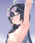 1girl absurdres armpit_focus armpits arms_up black_hair blue_archive blush braid braid_over_shoulder breasts butterfly_hair_ornament chinese_commentary closed_mouth commentary eyewear_on_head grey_eyes grey_halo hair_ornament halftone halo highres kisaki_(blue_archive) kisaki_(swimsuit)_(blue_archive) long_hair mixed-language_commentary nipples nude official_alternate_costume official_alternate_hairstyle portrait presenting_own_armpit purple-tinted_eyewear purple_background ribs side_braid simple_background small_breasts solo stretching sunglasses tinted_eyewear user_gesv5223 very_long_hair 