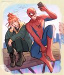  1girl absurdres animal_print bodysuit boots green_eyes highres hood jean_grey long_hair marvel multicolored_bodysuit orange_hair print_bodysuit red_bodysuit red_hair smile spider-man spider-man:_brand_new_day spider-man_(original_suit) spider-man_(series) spider_print spider_web_print storijuna superhero_costume two-tone_bodysuit x-men 
