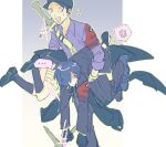  ... 1girl 2boys anger_vein armband baseball_cap black_gloves black_jacket black_pants black_skirt black_socks blue_hair blue_shirt carrying carrying_person carrying_under_arm english_commentary flying_sweatdrops gekkoukan_high_school_uniform gloves gradient_background hat highres holster iori_junpei jacket lost2thedogs miniskirt multiple_boys open_mouth pants persona persona_3 persona_3_reload pleated_skirt red_armband running s.e.e.s school_uniform shirt short_hair skirt socks spoken_anger_vein spoken_ellipsis sweat sword sword_on_back takeba_yukari thigh_holster weapon weapon_on_back yuuki_makoto_(persona_3) 