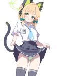  1girl animal_ear_headphones animal_ears black_socks blonde_hair blue_archive blue_necktie blunt_bangs blush cardcat_00 cat_ear_headphones cat_ears cat_tail clothes_lift commentary fake_animal_ears fake_tail green_eyes green_halo green_panties halo headphones highres lifting_own_clothes looking_at_viewer low-tied_sidelocks mechanical_tail midori_(blue_archive) miniskirt necktie panties pleated_skirt shirt short_hair sidelocks skirt skirt_lift socks solo striped_clothes striped_panties tail thighs underwear white_shirt 