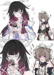  ! 2girls :d ? @_@ animal_ears bare_shoulders black_collar black_hair black_sleeves blue_eyes blush bonnet bow brown_hair cat_ears cat_tail character_doll closed_eyes collar collarbone colored_inner_hair columbina_(genshin_impact) commentary detached_sleeves doll dress eye_mask frilled_sleeves frills gem genshin_impact hair_ornament highres kemonomimi_mode kissing_object mask multicolored_hair multiple_girls multiple_wings nose_blush purple_hair purple_streaks red_gem roymsygxelaxpgk sandrone_(genshin_impact) see-through_clothes see-through_mask short_hair_with_long_locks simple_background smile streaked_hair tail two-tone_hair upper_body white_background white_bonnet white_bow white_dress white_mask white_wings winding_key wing_hair_ornament wings wrist_bow yuri 