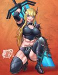  1girl abs absurdres arm_armor artist_logo artist_name blonde_hair blue_eyes breasts cleavage collar commentary crop_top english_commentary gloves highres holding holding_weapon linea_alba logo long_hair magik's_crown magik_(x-men) marvel marvel_tokon:_fighting_souls midriff muscular muscular_female navel razillon shorts smile solo sword weapon 