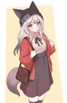  1girl absurdres alternate_costume animal_ears arknights bag beanie black_hat black_ribbon black_skirt black_thighhighs blush brown_bag brown_shirt buttons cardigan clothes_writing collarbone commentary_request cowboy_shot eggplant7217 fox_ears fox_girl fox_tail frostleaf_(arknights) grey_hair grey_tail hat high-waist_skirt highres jacket long_hair long_sleeves looking_at_viewer neck_ribbon open_cardigan open_clothes open_jacket parted_lips red_cardigan red_eyes red_jacket ribbon shirt shirt_tucked_in simple_background skirt solo standing tail thighhighs unbuttoned yellow_background zettai_ryouiki 