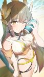  1girl absurdres arknights bikini box_capsule19mg breasts brown_hair can commentary_request drink_can elf hair_ornament highres holding holding_can large_breasts long_hair looking_at_viewer muelsyse_(arknights) navel one_eye_closed orange_eyes pointy_ears solo stomach swimsuit very_long_hair white_bikini 