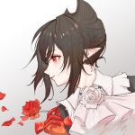  1girl absurdres arknights ascot brown_hair chinese_commentary closed_mouth commentary_request entelechia_(arknights) flower gradient_background grey_background hair_horns highres holding holding_flower looking_to_the_side mole mole_under_eye orange_eyes petals pointy_ears portrait profile red_flower red_rose rose rose_petals short_hair smile solo turning_head user_dfxd2238 white_ascot white_background white_flower white_rose 