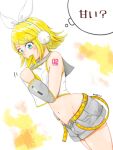  1girl belt blonde_hair blue_eyes bow breasts commentary detached_sleeves grey_sailor_collar grey_shorts grey_sleeves hair_bow hair_ornament hairclip headphones highres kagamine_rin kazm00 midriff navel neckerchief neckerchief_in_mouth number_tattoo parallel_hairclips sailor_collar shirt short_hair shorts sleeveless sleeveless_shirt small_breasts solo speech_bubble tattoo thought_bubble translated vocaloid white_bow white_shirt yellow_belt yellow_nails yellow_neckerchief yellow_trim 