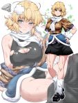  1girl arm_warmers black_leotard black_shoes black_skirt blonde_hair blush breasts brown_shirt cleavage closed_mouth commentary_request crossed_bandaids full_body green_eyes highres large_breasts leotard looking_at_viewer miniskirt mizuhashi_parsee multiple_views ootsuki_wataru paid_reward_available parsee_day pointy_ears scarf scratches shirt shoes short_hair simple_background skirt smile squiggle sweatdrop thighs torn_clothes torn_leotard touhou white_arm_warmers white_background white_scarf 