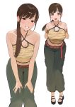  1girl absurdres bare_shoulders belt bracelet breasts brown_eyes cleavage collarbone commentary_request green_pants half-closed_eyes halter_shirt halterneck highres idolmaster idolmaster_shiny_colors jewelry kosubi_(tsuneta328) leaning_forward long_hair navel open_mouth pants ponytail red_belt sandals seductive_smile smile sonoda_chiyoko sweat thick_thighs thighs 
