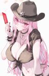  1girl alternate_costume bitten_popsicle black_collar black_hat black_nails black_shirt blunt_bangs breasts collar commentary cowboy_hat cropped_shirt cross_pendant food hat highres holding holding_food holding_popsicle hololive hololive_english jewelry kamiya_maneki large_breasts long_hair looking_at_viewer mori_calliope mori_calliope_(sheriff) nail_polish navel necklace necklace_between_breasts partially_unbuttoned pendant_collar pink_eyes pink_hair popsicle shirt short_sleeves sidelocks solo spiked_collar spikes stomach sweat tied_shirt untranslatable_commentary upper_body virtual_youtuber 