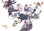  23/7 5boys 6+girls :d black_hair brown_hair cape character_request comiket_96 commentary_request drill_hair gin_(oyoyo) gloves grey_hair hakama hakama_skirt hat high_heels holding hood japanese_clothes katana long_hair multiple_boys multiple_girls open_mouth original ponytail red_eyes scarf sengoku_taisen shoes short_hair simple_background skirt smile soul_reverse_zero staff sword thighhighs twin_drills weapon white_background white_hair wolf 