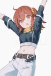  1girl :o ahoge arms_up belt belt_buckle black_jacket brown_belt buckle chaldea_logo cowboy_shot cropped_jacket fate/grand_order fate_(series) fomnant fujimaru_ritsuka_(female) fujimaru_ritsuka_(female)_(true_ether_chaldea_uniform) grey_background hair_between_eyes hair_ornament hair_scrunchie highres jacket light_blush looking_at_viewer medium_hair midriff navel one_side_up open_mouth orange_hair pants scarf scrunchie signature simple_background solo three-quarter_sleeves twitter_username white_pants yellow_eyes yellow_scarf yellow_scrunchie 