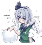  1girl black_bow black_bowtie black_hairband blush bow bowtie breasts character_name closed_mouth collared_shirt commentary_request green_skirt green_vest grey_hair hairband hitodama katana konpaku_youmu konpaku_youmu_(ghost) looking_at_viewer paint_chat_(medium) puffy_short_sleeves puffy_sleeves shirt short_sleeves simple_background skirt skirt_set small_breasts solo sword sword_on_back touhou translation_request twitter_username uta_kome2248 vest weapon weapon_on_back white_background white_shirt 