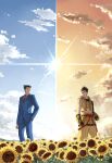  2boys absurdres ace_attorney arm_guards black_eyes black_gloves black_hair blue_jacket blue_pants blue_sky blue_suit brass_knuckles capcom cloud commentary_request company_connection crop_top crossover field flag flower flower_field gloves hand_in_pocket highres hood hooded_vest hoodie jacket kimi_no_na_wa. linjie male_focus midriff multiple_boys navel necktie orange_sky pants parody phoenix_wright poster_parody red_necktie sengoku_basara single_sleeve sky spiked_hair suit sun sunflower sunflower_field tokugawa_ieyasu_(sengoku_basara) toned toned_male vest weapon yellow_pants 