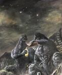  absurdres alcohol beer commentary_request g.n.a glass godzilla godzilla_(series) highres kaiju mountain night scales sitting sky spiked_tail star_(sky) starry_sky tail 