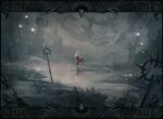 1girl arnaerr artist_logo border cloak fog greymoor hollow_knight hollow_knight:_silksong hornet_(hollow_knight) in-universe_location logo ornate_border outdoors red_cloak running scenery silk_fly_(hollow_knight) solo wet_ground wide_shot 
