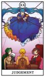  1boy 3girls allen_avadonia aqua_hair armlet banica_conchita black_gloves black_hat black_lace_trim black_veil blonde_hair blue_bow blue_dress blue_hair blue_ribbon bodystocking bow bracelet brown_hair cape card_(medium) chaban_capriccio_(vocaloid) chain chained chair choker clockworker's_doll closed_eyes closed_mouth coat collared_coat collared_dress collared_jacket commentary cross cross_choker crossed_arms domino_mask dress dress_bow english_commentary evillious_nendaiki eye_mask fingerless_gloves fishnet_bodystocking fishnets frilled_cuffs frilled_dress frills fur-trimmed_cape fur_trim gavel gears gloves gold_armlet gold_bracelet grid_background gumi hair_ribbon hakaba_no_aruji hat hat_veil hatsune_miku highres holding holding_gavel holding_skull hood hood_up hooded_cape houtei_no_nushi jacket jewelry judgement_(tarot) juliet_sleeves kagamine_len long_dress long_sleeves lorehappy mask meikai_no_nushi meiko_(vocaloid) mini_hat multiple_girls neck_ring orange_coat orange_jacket parasol parted_lips ponytail puffy_sleeves re_birthday_(vocaloid) red_choker red_dress red_umbrella ribbon roman_numeral skull smile table tarot tarot_(medium) umbrella veil vocaloid white_wrist_cuffs wooden_chair wooden_table wrist_cuffs 