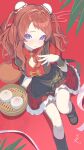  1girl absurdres alternate_costume apron bamboo_steamer black_apron black_boots black_wrist_cuffs blue_eyes blush boots breasts bun_cover chinese_clothes cleavage cleavage_cutout closed_mouth clothing_cutout commentary_request double_bun dress fingernails food foot_out_of_frame from_above gakuen_idolmaster hair_bun hair_intakes hanami_saki hand_on_own_chest hand_up head_tilt highres holding holding_bamboo_steamer idolmaster long_hair looking_at_viewer looking_up mandarin_collar medium_breasts pankou parted_bangs puffy_short_sleeves puffy_sleeves raised_inner_eyebrows red_dress red_hair short_sleeves sitting small_sweatdrop solo steamed_bun two_side_up waist_apron wrist_cuffs yuusuke_(yyy_xp) 