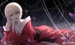  1boy 2226480274 alois_trancy bare_shoulders bathrobe bishounen black_background black_sash blonde_hair blue_eyes bug butterfly chinese_commentary collarbone commentary_request fur-trimmed_robe fur_trim hair_between_eyes hand_on_own_face head_rest highres kuroshitsuji lying male_focus red_robe robe sash short_hair silk smile solo spider spider_web watermark weibo_watermark wide_sleeves 