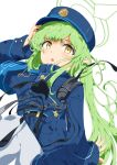  1girl :o absurdres amami_akari armband belt black_belt black_tail blue_archive blue_armband blue_hat blue_jacket blue_skirt blush buttons commentary_request demon_tail double-breasted green_hair green_halo halo hand_on_headwear hand_up hat highres hikari_(blue_archive) jacket long_hair long_sleeves looking_at_viewer open_mouth pantyhose peaked_cap pointy_ears sidelocks simple_background skirt solo tail white_background white_pantyhose yellow_eyes 