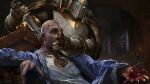  2boys adeptus_astartes alcohol armchair armor artist_name bald betrayal blood blood_from_mouth blood_on_armor blood_on_hand blue_robe breastplate chair chaos_space_marine commentary commission covering_another's_mouth cristian_otazu cup dark_background death drinking_glass dropping english_commentary flag full_armor gauntlets glass grey_armor hand_on_another's_face hand_on_another's_mouth hand_over_another's_mouth helmet hieroglyphics highres holding holding_cup holding_knife knife knife_in_head knife_in_neck male_focus multiple_boys murder object_through_head omega_symbol on_chair ornate_armor pauldrons power_armor robe scar science_fiction shirt shoulder_armor sitting spilling standing surprised ultramarines upper_body vambraces warhammer_40k white_shirt wine wine_glass 
