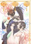  1boy 1girl back_bow bare_shoulders black_hair black_kimono bow brown_hair cait_sith_(ff7) candy_apple commentary_request detached_sleeves final_fantasy final_fantasy_vii final_fantasy_vii:_ever_crisis food from_side hat height_difference high_ponytail highres holding holding_food japanese_clothes kimono long_hair mask mask_on_head moogle msa_mne official_alternate_costume official_alternate_hairstyle oni_mask open_mouth pink_kimono ponytail profile sash short_hair takoyaki upper_body vincent_valentine vincent_valentine_(demonface_yukata) yuffie_kisaragi yuffie_kisaragi_(festival_moogle) yukata 