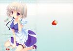  1girl ankle_lace-up ankle_strap apron back_bow black_ribbon blue_dress blue_shoes bow breasts collarbone collared_dress copyright_name cross-laced_clothes cross-laced_dress dated dress food frilled_apron frilled_dress frills fruit futaba_miwa gradient_background green_bow grey_hair hair_bow highres izayoi_sakuya lace-trimmed_thigh_strap maid maid_apron maid_headdress mouth_hold purple_eyes ribbon ribbon_in_mouth shoes sitting solo strawberry touhou white_bow 