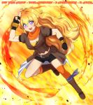  1girl ahoge arm_up asymmetrical_legwear bandana bandana_around_neck bandeau belt belt_pouch black_gloves black_shorts blonde_hair boots brown_belt brown_boots brown_jacket commentary deviantart_username embers english_commentary eyelashes fingerless_gloves fire full_body gloves hair_between_eyes instagram_username jacket long_hair midriff orange_bandana pouch purple_eyes rwby schrwby short_shorts shorts solo tumblr_username twitter_username uneven_legwear v-shaped_eyebrows very_long_hair yang_xiao_long yellow_bandeau 