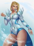  1girl blonde_hair blue_eyes blue_lips blue_nails breasts earrings emma_frost highres jewelry looking_at_viewer marvel marvel_rivals medium_breasts salosh short_hair signature solo 