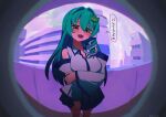  1girl absurdres apartment breasts building cleavage collared_shirt commentary_request detached_sleeves feet_out_of_frame frog_hair_ornament green_hair hair_intakes hair_ornament heart heart-shaped_pupils heart_in_eye highres kochiya_sanae large_breasts long_hair long_sleeves looking_at_viewer monitoring_(vocaloid) ninzin_88hon open_mouth parody pleated_skirt pov_peephole scene_reference shirt single_sidelock skirt sleeveless sleeveless_shirt smile snake_hair_ornament solo speech_bubble standing symbol-shaped_pupils symbol_in_eye touhou translated white_shirt white_sleeves wide_sleeves yandere yellow_eyes 