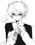  2boys blush commentary_request doodle_inset esse_series feeding greyscale highres holding holding_spoon kuchinashi_dabi male_focus monochrome multiple_boys multiple_views pov pov_hands rou_(h_s_sinrin) shirt short_hair solo_focus spoon sweat sweater tonimura_yui 
