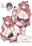  2girls :d absurdres animal_ear_fluff animal_ears arm_support bell black_bra black_collar black_ears black_hair black_panties blush bra breast_cutouts breasts brown_hair cat_cutout cat_ear_panties cat_ears cat_lingerie cellphone chibi chibi_inset cleavage cleavage_cutout clothing_cutout collar commentary_request cosplay covering_breasts covering_privates cowboy_shot cropped_legs crossed_bangs ear_piercing earrings fake_animal_ears flustered frilled_bra frills from_below grin hair_intakes hand_on_own_thigh hand_up highres holding holding_phone huge_breasts iphone jewelry leaning_forward long_hair looking_at_viewer loose_hair_strand messy_hair mole mole_under_eye multiple_girls multiple_views nail_polish navel neck_bell nervous_sweating original otonari_yoko panties phone piercing pink_eyes plump red_nails selfie side-tie_panties side_ponytail simple_background skindentation smartphone smile speech_bubble stomach sweat text_messaging thick_thighs thighs translation_request tsurime underwear underwear_only upper_body warabi_mochi_(w4rabimochi) watadono_airu white_background yuri 