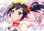  1girl black_hair blurry blurry_background blush bow braid breasts cherry_blossoms cleavage commentary_request crown crown_hair_ornament day frog_hair_ornament hair_bow hair_ornament hairclip hat hood hood_down indie_virtual_youtuber irosaki_akane irosaki_akane_(1st_costume) long_hair looking_at_viewer medium_breasts mini_crown mizupiro outdoors parted_lips petals ponytail purple_eyes red_ribbon ribbon sidelocks solo tilted_headwear tree virtual_youtuber 