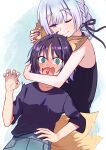  2girls @_@ absurdres animal_ears bare_shoulders black_ribbon black_shirt blue_eyes blue_hair blue_nails blush braid braided_hair_rings cho_kaguya-hime! commentary fox_ears fox_tail green_eyes grey_hair hair_ribbon hair_rings hand_on_another's_ear heart heart_in_mouth highres hug multicolored_eyes multicolored_hair multiple_girls one_eye_closed pink_hair purple_eyes purple_hair purple_nails ribbon runami_yachiyo runami_yachiyo_(wego) sakayori_iroha sakayori_iroha_(wego) shirt short_hair short_sleeves smile streaked_hair tail tail_wagging two-tone_hair untranslatable_commentary yuri zysora 