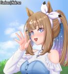  +_+ 1girl absurdres almond_eye_(casual)_(umamusume) almond_eye_(umamusume) animal_ears bare_shoulders blue_eyes blue_hair blue_sky blue_vest blush bow bow_hairband breasts brown_hair clothing_cutout cloud colored_inner_hair fang hair_ornament hair_scrunchie hairband hand_up highres horse_ears horse_girl long_hair medium_breasts multicolored_hair nekroz7 open_mouth outdoors ponytail scrunchie shirt shoulder_cutout sky smile streaked_hair symbol-shaped_pupils umamusume upper_body vest white_hairband white_shirt white_streaks x-shaped_pupils 
