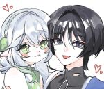  1boy 1girl :p alternate_hairstyle bare_shoulders black_bodysuit black_eyes black_hair blue_cape blunt_ends blush bodysuit braid cape closed_mouth commentary_request covered_collarbone cross-shaped_pupils eyelashes eyeliner genshin_impact green_eyes green_hair hair_down hair_intakes hair_ornament half_crown_braid heads_together heart highres japanese_clothes kimono korean_commentary leaf leaf_hair_ornament looking_at_viewer makeup mandarin_collar multicolored_hair nahida_(genshin_impact) pointy_ears red_eyeliner scaramouche_(genshin_impact) second-party_source shoulder_peek side_cape smile streaked_hair symbol-shaped_pupils tongue tongue_out tsurime wanderer_(genshin_impact) white_background white_hair white_kimono wispy_bangs yellow_pupils yuseol_art 