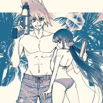  1boy 1girl ass bikini collarbone commentary_request cowboy_shot danganronpa_(series) danganronpa_v3:_killing_harmony facial_hair fang from_behind goatee grin gun hair_ornament hair_scrunchie harukawa_maki highres holding holding_gun holding_weapon long_hair male_swimwear medium_hair mole mole_under_eye momota_kaito navel palm_tree satori_(aosky9077) scrunchie smile spiked_hair swimsuit teeth topless_male tree twintails weapon 