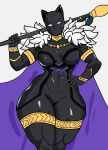  1girl abs absurdres animal_ears ass black_panther_(marvel) bodysuit breasts cape collar highres holding holding_polearm holding_weapon huge_ass large_breasts marvel marvel_tokon:_fighting_souls polearm shuri_(marvel) simple_background superhero_costume thick_thighs thighs twisted_finger weapon white_eyes 